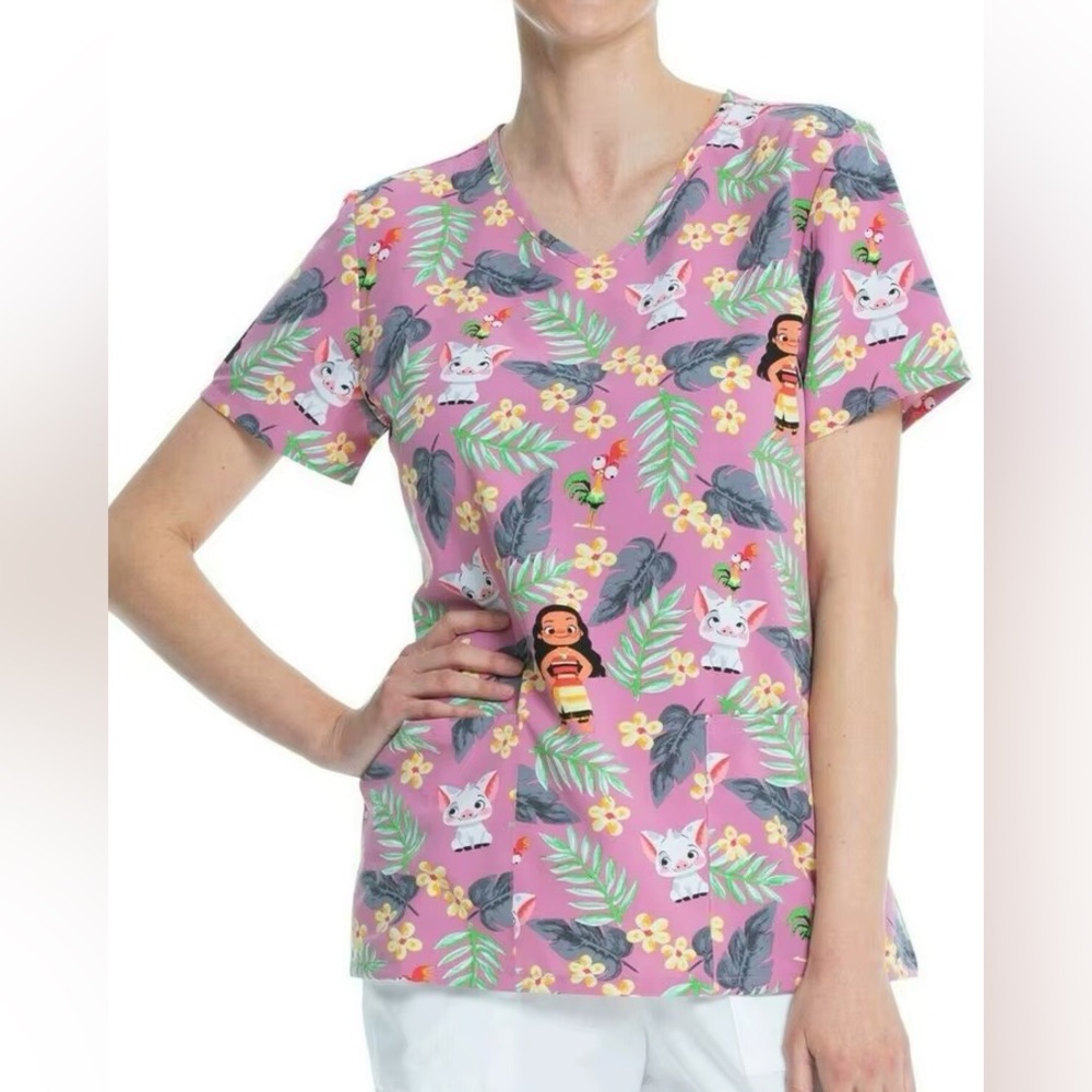 Disney Moana Pua and Hei Hei Women's V-Neck Print Scrub Top with Stretch Fabric
